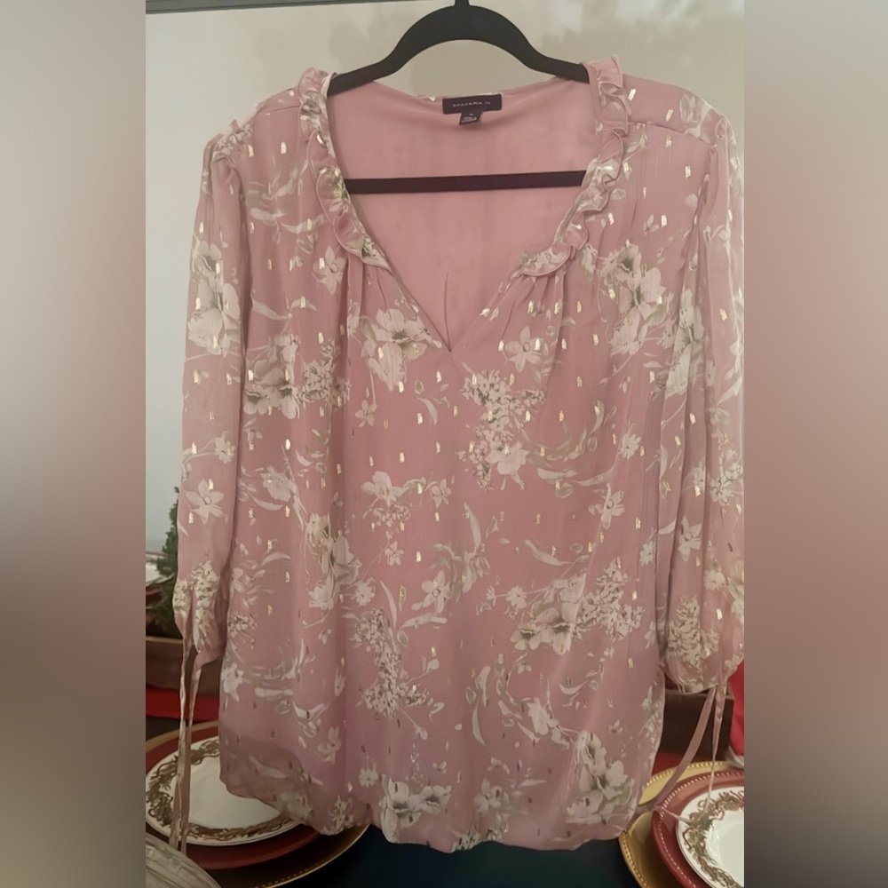 Floral Pink Blouse with Gold Accents